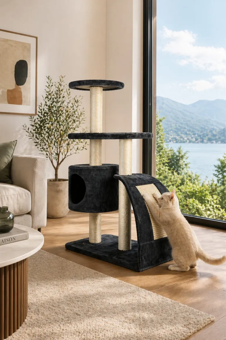 Arbre à chat griffoir avec refuge et 2 plateformes Gris