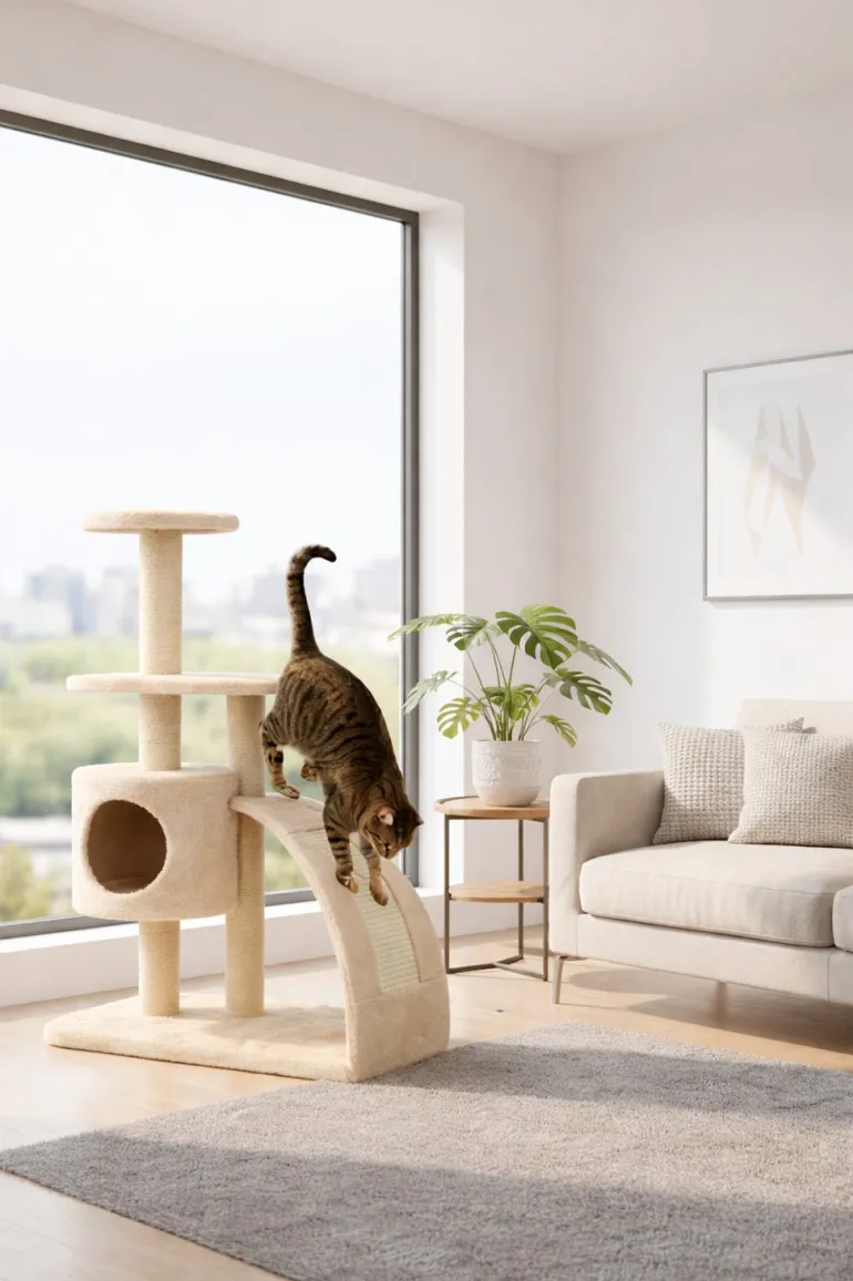 Arbre à chat griffoir avec refuge et 2 plateformes Écru
