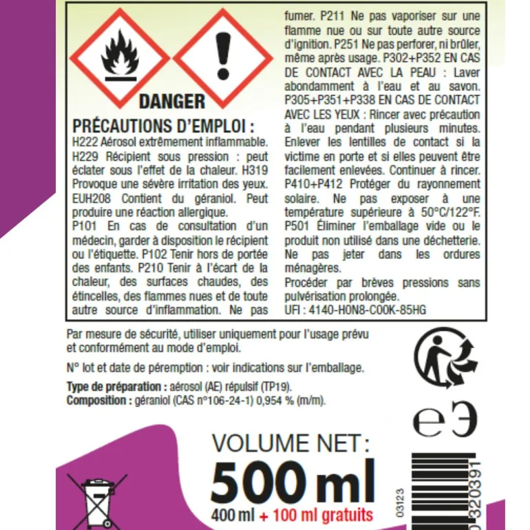 Aérosol spécial guêpes/insectes volants 400ml + 25% offerts