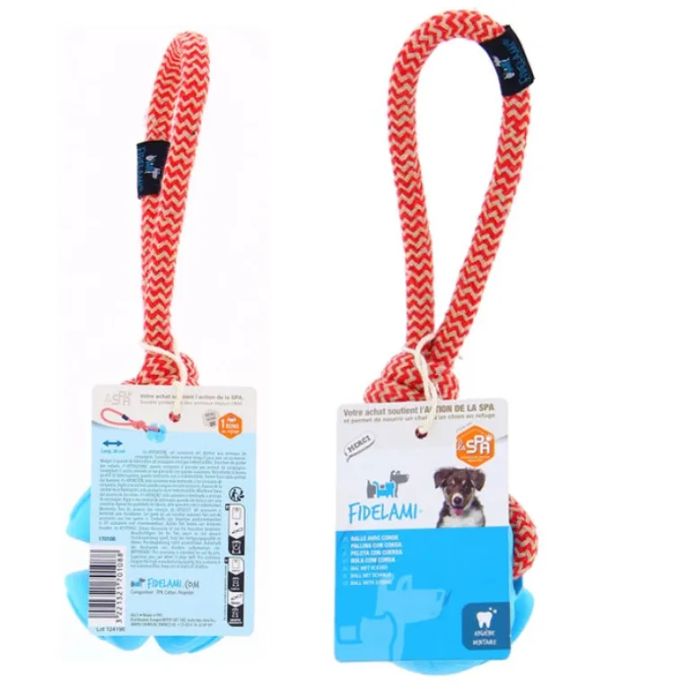 Balle à lancer bleue avec corde 30 cm