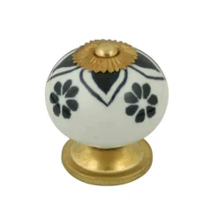 Bouton 40 mm en céramique blanc motif noir laitonné x2