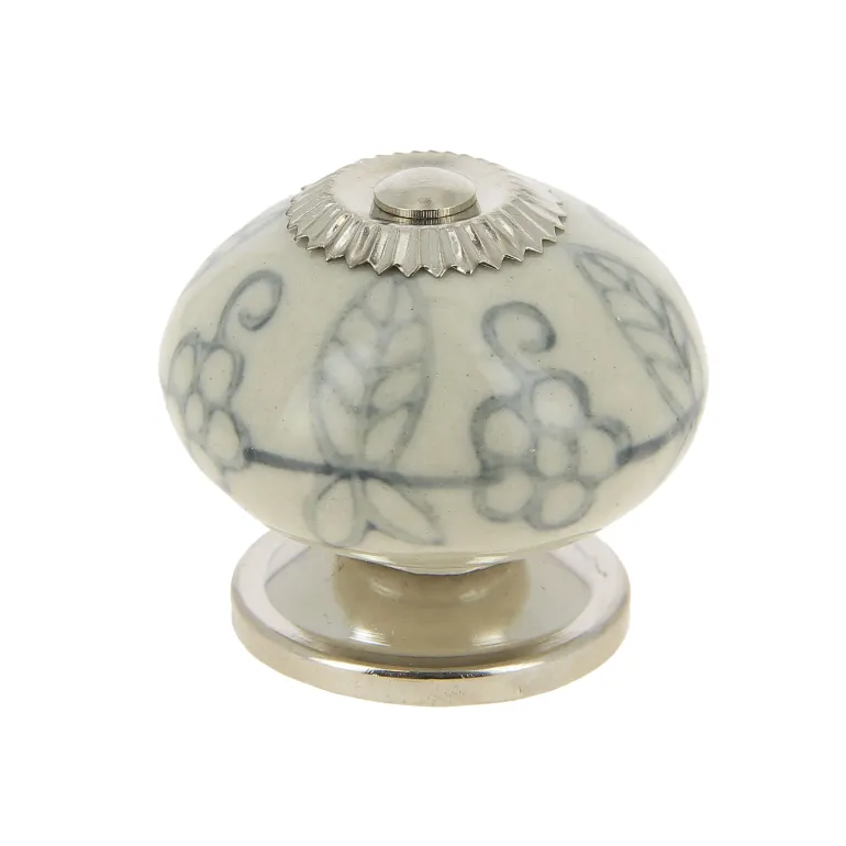 Bouton 40 mm en céramique blanc motif gris base nickelée x2