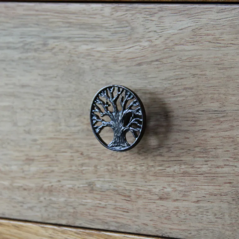 Bouton rond plat Ø40 mm arbre de vie en métal vieux fer x2