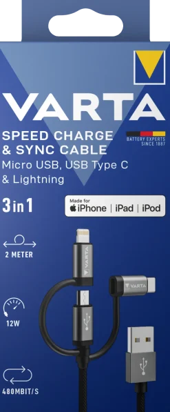Câble de charge/synchronisation rapide 3 en 1 - 12W 2m VARTA