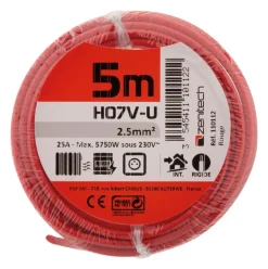 Câble électrique rigide H07V-U 2,5mm² 5M ROUGE FILM