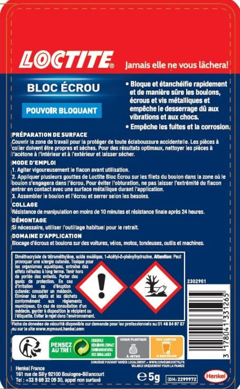 Colle résine autoblocante Bloc écrou 5ml LOCTITE