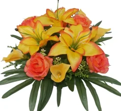 Coupe funéraire de roses et de lys H 25 Ø 40 cm
