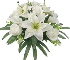 Coupe funéraire de roses et de lys H 25 Ø 40 cm