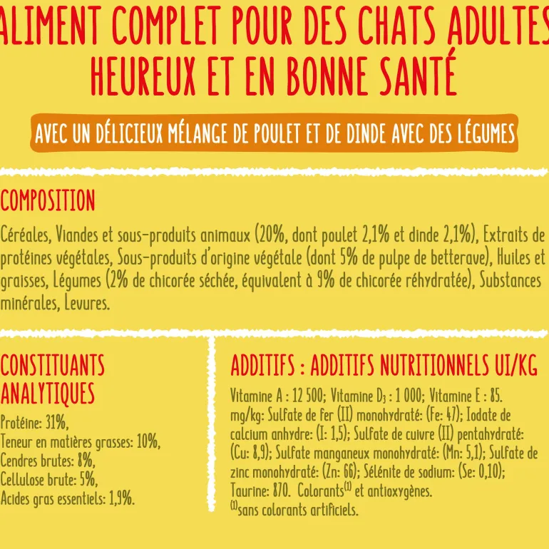 Croquettes pour chat d'intérieur Poulet-Dinde-Légumes 1,5 kg