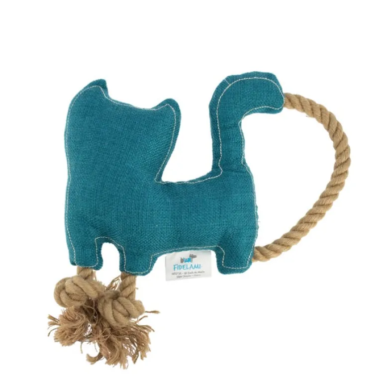 Doudou mascotte chat en tissu et corde 24x23x5 cm bleu