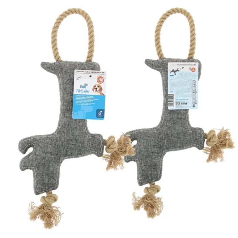 Doudou mascotte chien en tissu et corde 47x24x5 cm gris