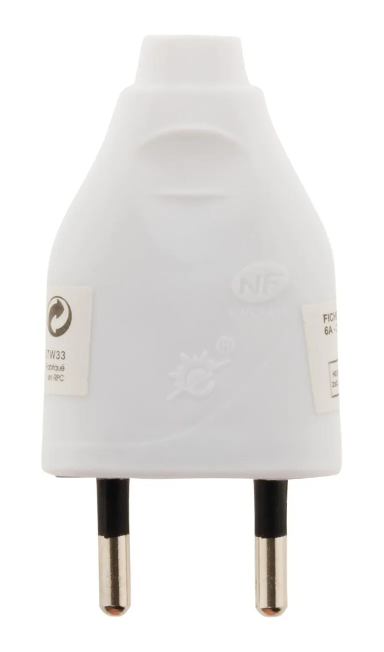 Fiche mâle 2 pôles 6A blanc NF