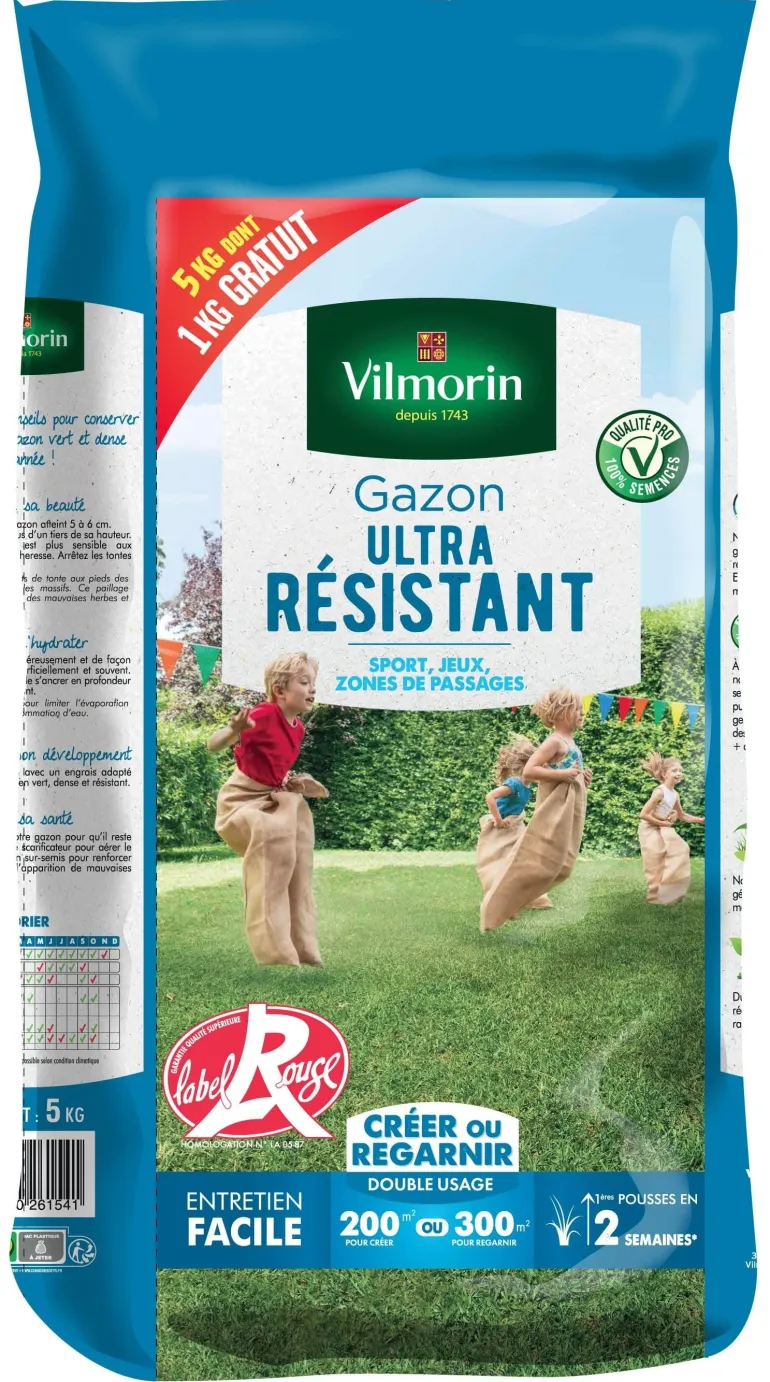 Gazon ultra résistant 5 kg dont 1 kg offert VILMORIN