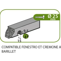 Gâche de tringle d'extrémité à encastrer haut/bas Ø25x15mm