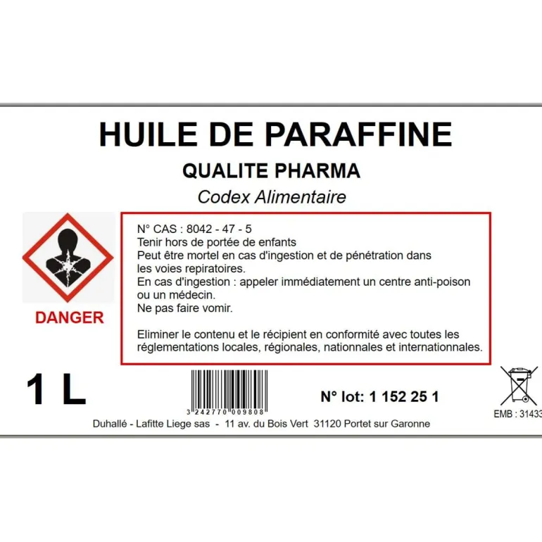 Huile de paraffine medicinale 1L DUHALLE