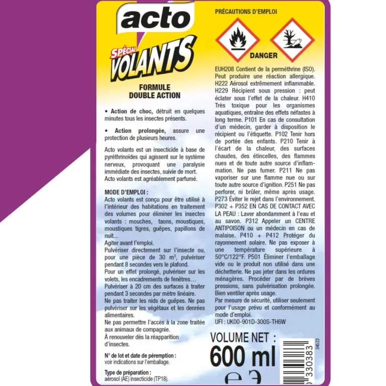 Insecticide aérosol spécial insectes volants 600 ml ACTO
