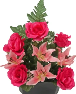 Jardinière funéraire de roses et lys H 35 L 30 P 15 cm