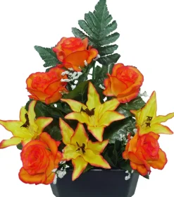 Jardinière funéraire de roses et lys H 35 L 30 P 15 cm
