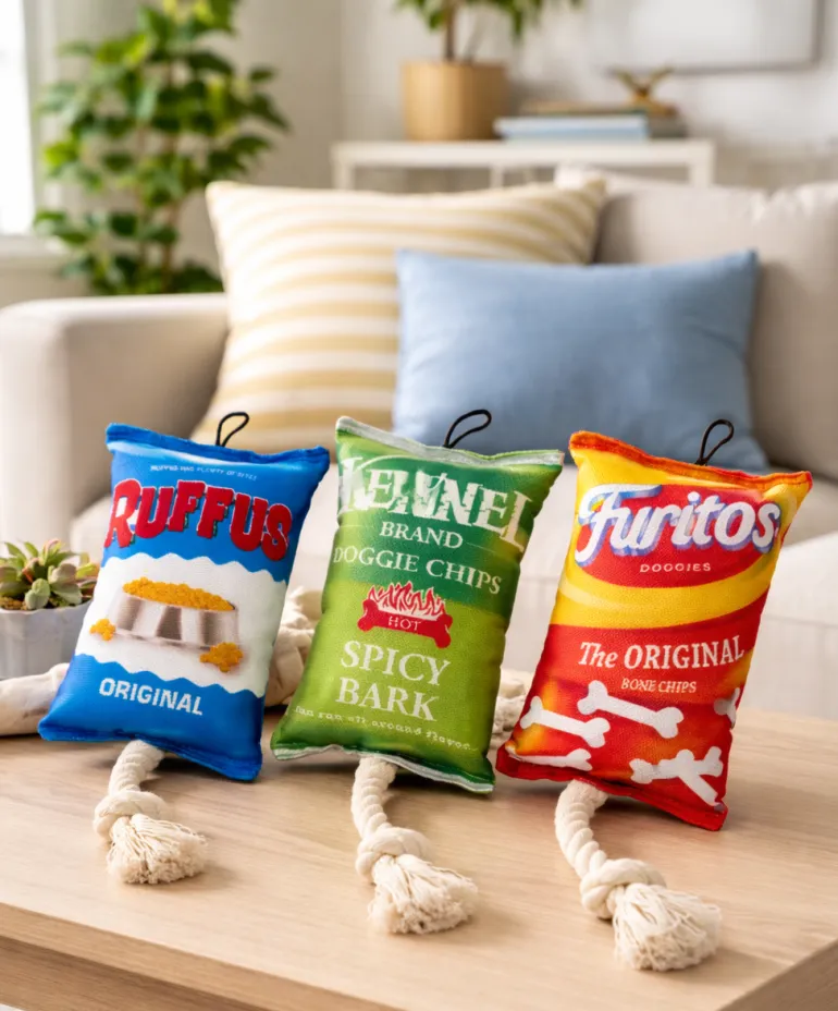 Jouet peluche snack pour chien avec corde - vendu à l'unité