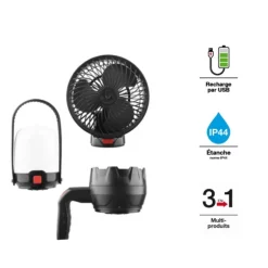 Kit 3 en 1 - ventilateur, lampe torche et lanterne LED noir