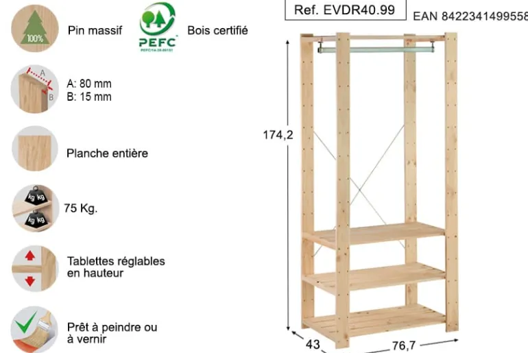 Kit penderie Evolution 76,7x43x175 cm pin massif