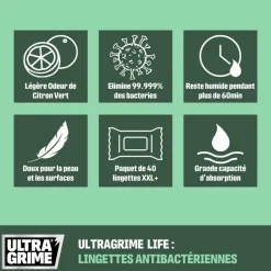 Lingettes XXL antibactériennes Ultra Grime (x40)