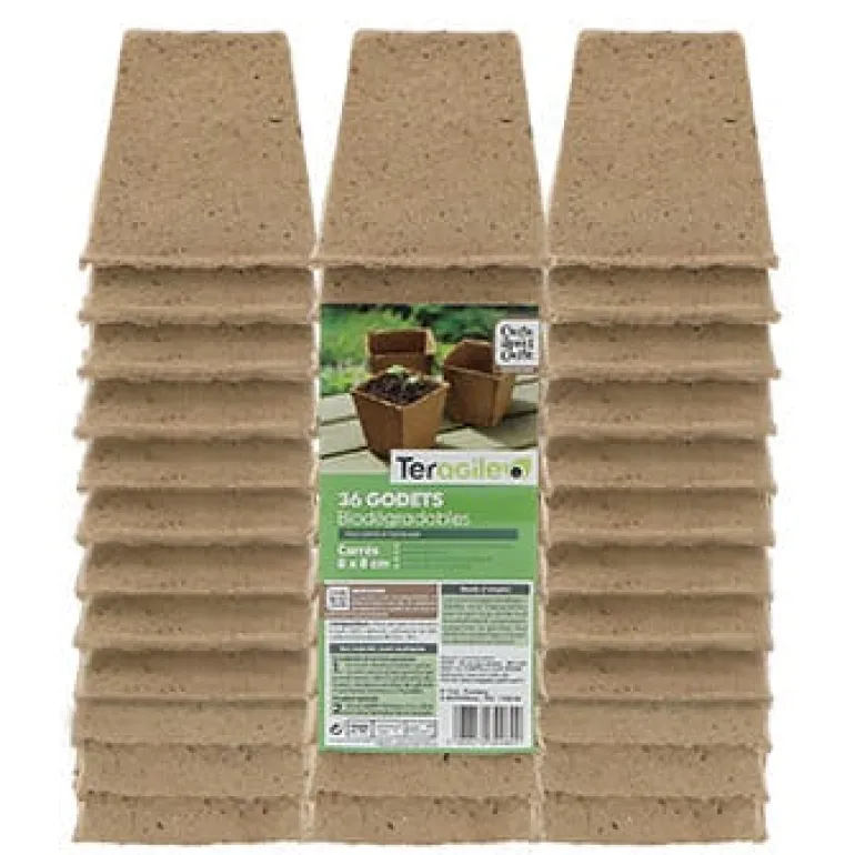 Lot de 36 godets biodégradables carrés de 8 cm