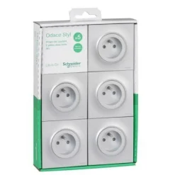 Lot de 5 prises 2 pôles Odace plaque style aluminium + terre