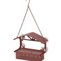 Mangeoire pour graines en métal rouge avec toit