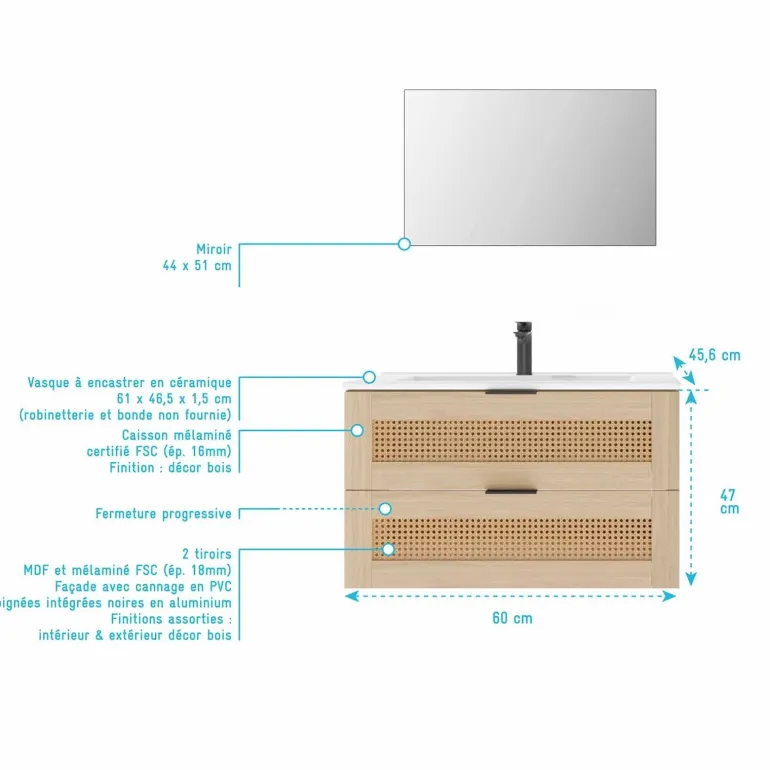 Meuble Ambroise cannage et bois 60x47cm + miroir 44x51cm