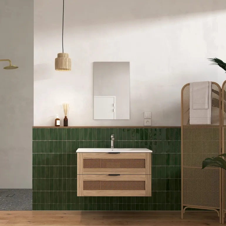 Meuble Ambroise cannage et bois 60x47cm + miroir 44x51cm