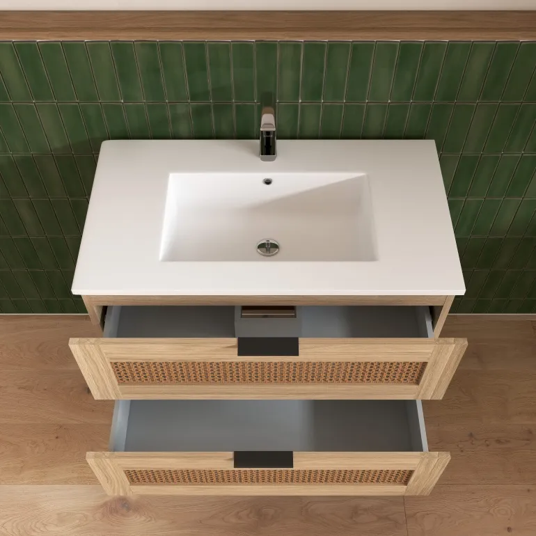 Meuble Ambroise cannage et bois 60x47cm + miroir 44x51cm