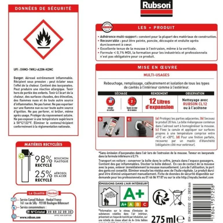 Mousse expansive 275 ml (restitution jusqu'à 12l) blanc