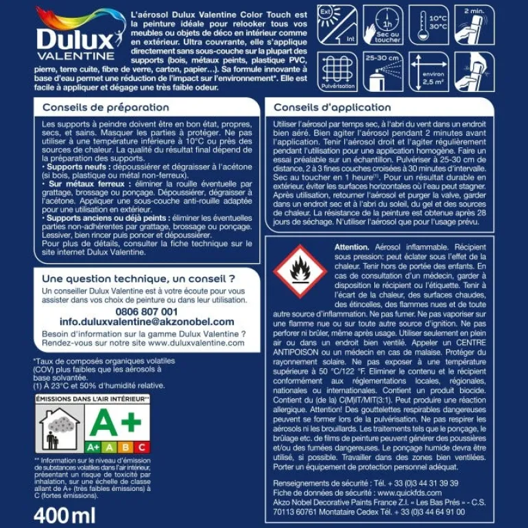 Peinture aérosol color touch mat blanc 400ml