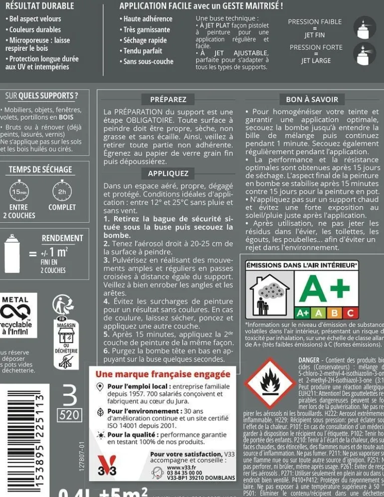 Peinture bois aérosol couleurs d'ici kaki grisé 400ml V33