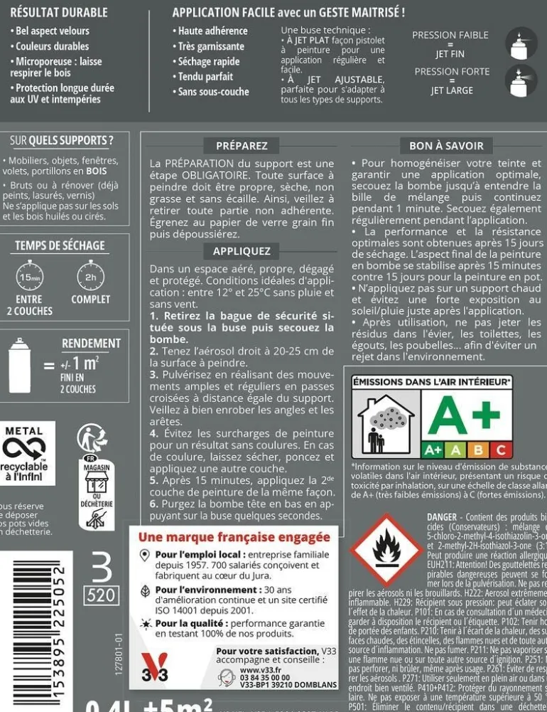 Peinture bois aérosol couleurs d'ici anthracite 400ml V33