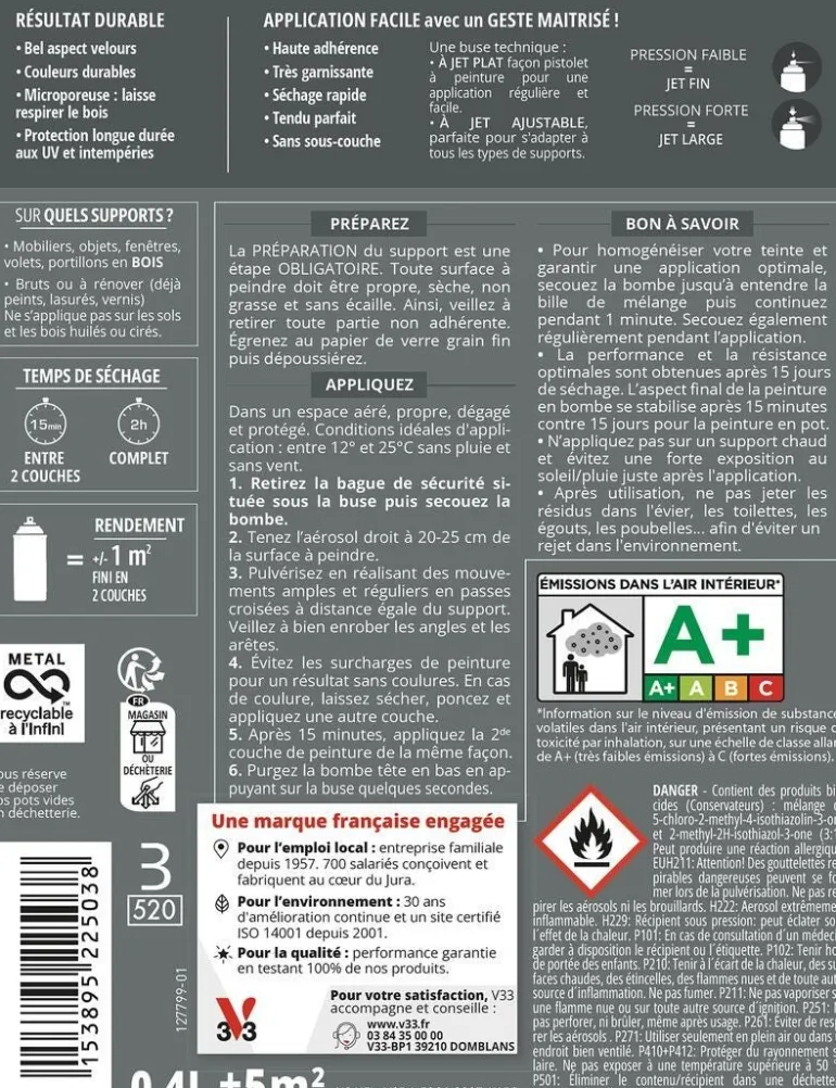 Peinture bois aérosol couleurs d'ici gris soyeux 400ml V33