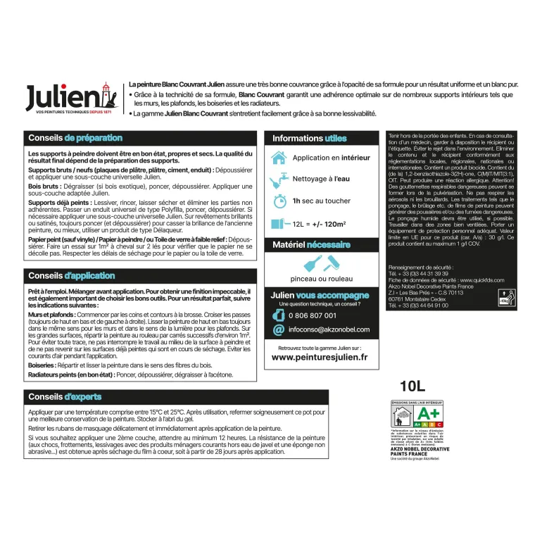 Peinture intérieure Blanc Couvrant mat base white 10L JULIEN