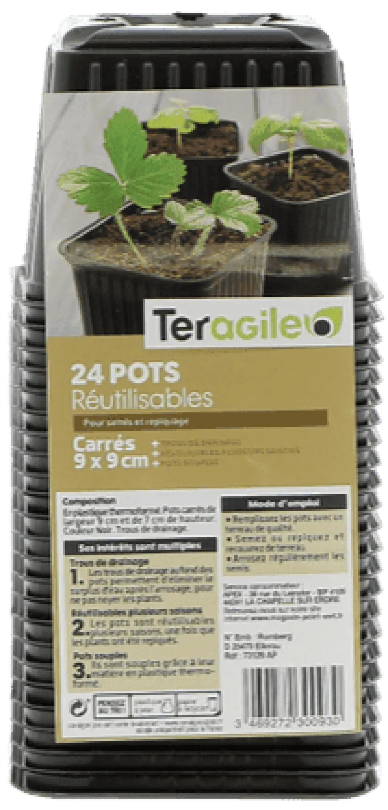 24 pots en plastique carrés de 9 cm avec drainage