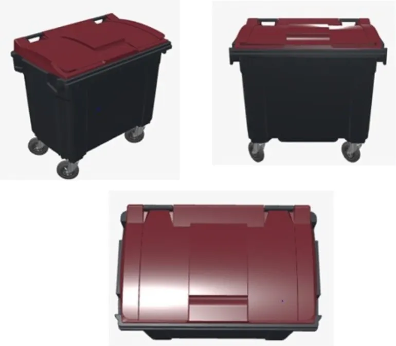 Poubelle bac roulant CityBac 660L gris couvercle bordeaux