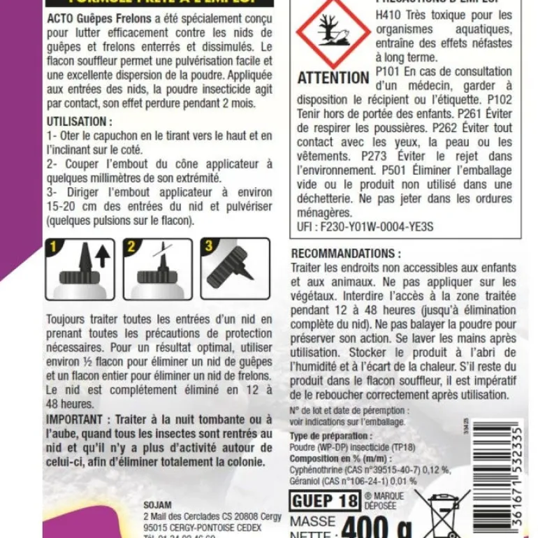 Poudre pour nids de guêpes et frelons enterrés 400g ACTO