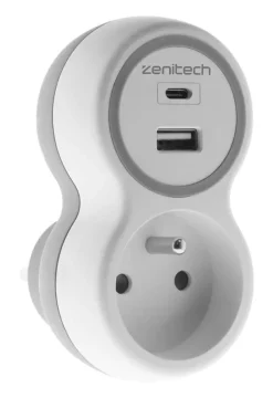 Prise 16A + chargeurs USB A+C blanc/gris bolea