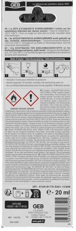 Pâte d'étanchéité pour hydrocarbures 20ml GEB
