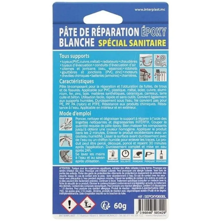Pâte de réparation époxy Blanche Interfix 60g