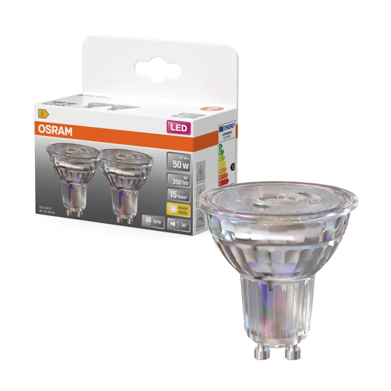 Spot PAR16 LED 50° verre 3,7W=50 GU10 chaud x2