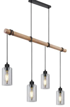 Suspension métal noir mat bois mat verre fumé 4x E27 60W