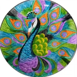 Table rond en verre avec paon peint à la main Ø45x60cm