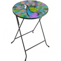 Table rond en verre avec paon peint à la main Ø45x60cm