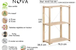 Étagère Nova en bois 3 tablettes 111x43x76,7 cm