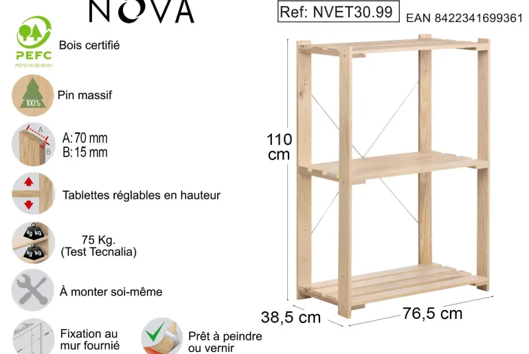 Étagère Nova en bois 3 tablettes 111x43x76,7 cm